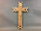 Antique Crucifix Cross Wood Marquetry Jesus Metal Golden Vintage