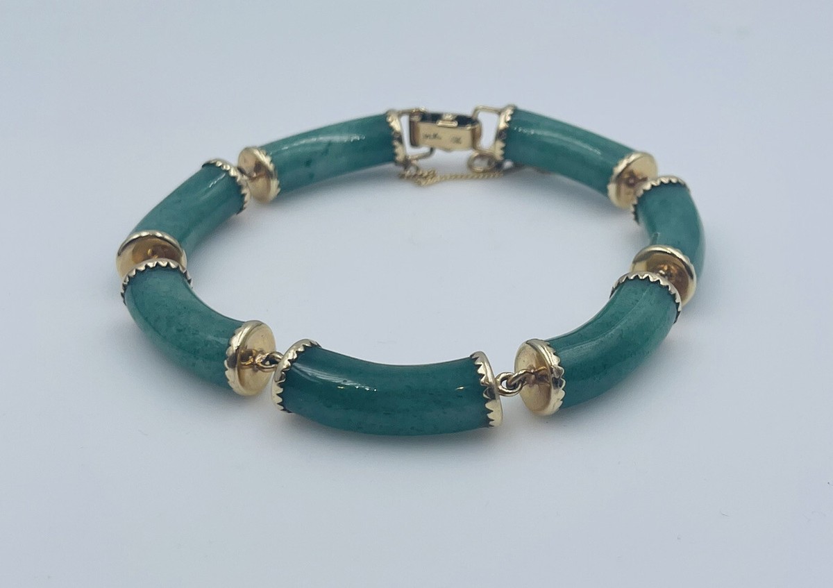 Ming's Vintage Chinese 14k Yellow Gold Green Aventurine Bracelet