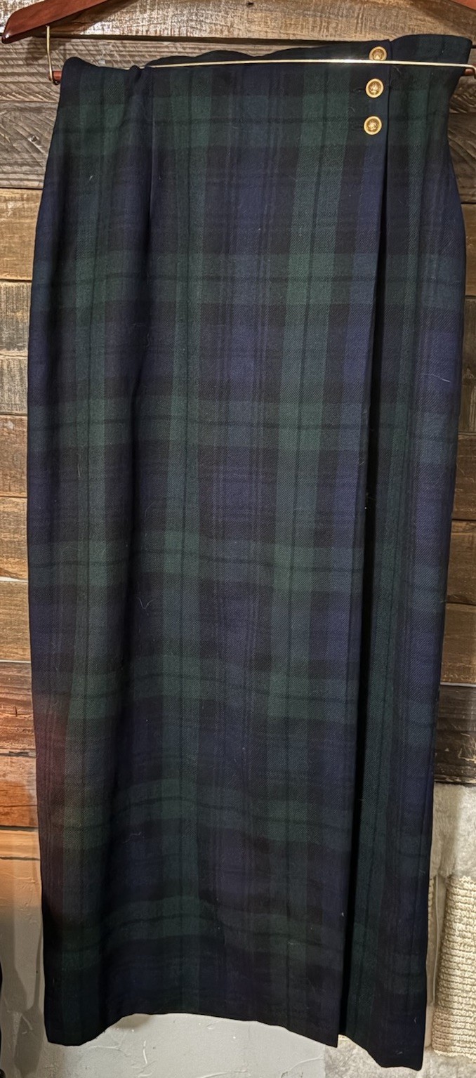 Lauren Ralph Lauren Vintage Wool Maxi Skirt Plaid Tartan Green Navy USA Size 10