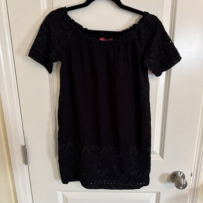 Saks Fifth Avenue Women XS Dress Black Rayon Eyelet Off Shoulder Short Sleeve