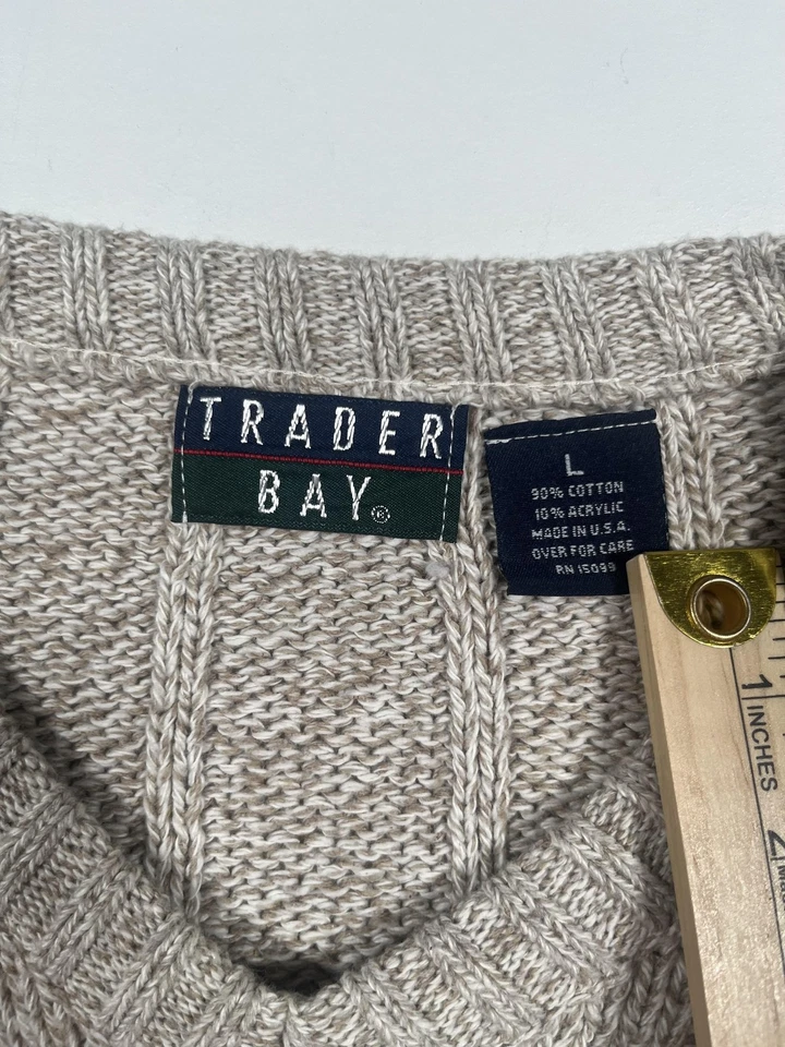 Vintage Trader Bay Sweater Mens Large Beige V-Neck Fair Isle Cable Knit USA 90s - Image 3 of 4