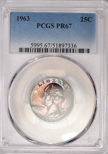 1963 TONED Washington Quarter Proof PCGS PR67 PF 67 Toning Silver Coin 25C