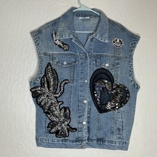 Upcycled Pearls Beads Sequins Festival Wearable Art Blue Denim Vest Womens XL