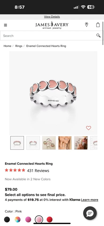 Anillo cadena corazón rosa esmalte james avery talla 8 Foto 4 de 4