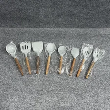 Home Hero Silicone Cooking Utensils Set 8 Piece Gray Acacia Wood Kitchen Tools