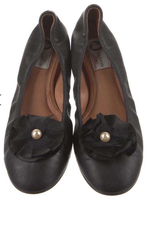 LANVIN SHOES BALLERINA FLATS TWO IN ONE STYLE BLACK LEATHER BOW OR FLOWER 12/42