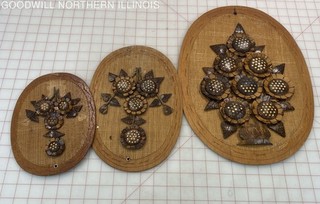 Vintage Philippine Folk Art Wall Plaques 3 Dimensional Sunflowers Coconut Shells