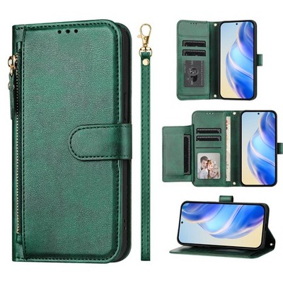 Zip Leather 7 Cards Wallet Case Flip Stand Cover +Strap For iPhone Samsung Honor