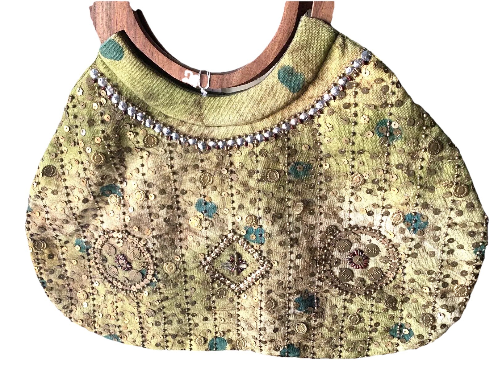 Vintage-Style Hobo Bag Embroidered Wood Handles Aesthetic Global Indie Chic