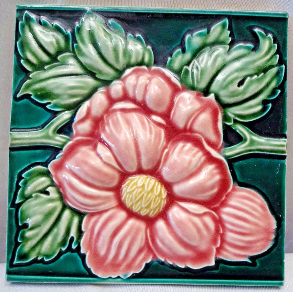 Antique Tile High Embossed Rose Flower Design Art Nouveau Majolica Antique Tile High Embossed Rose Flower Design Art Nouveau Majolica
