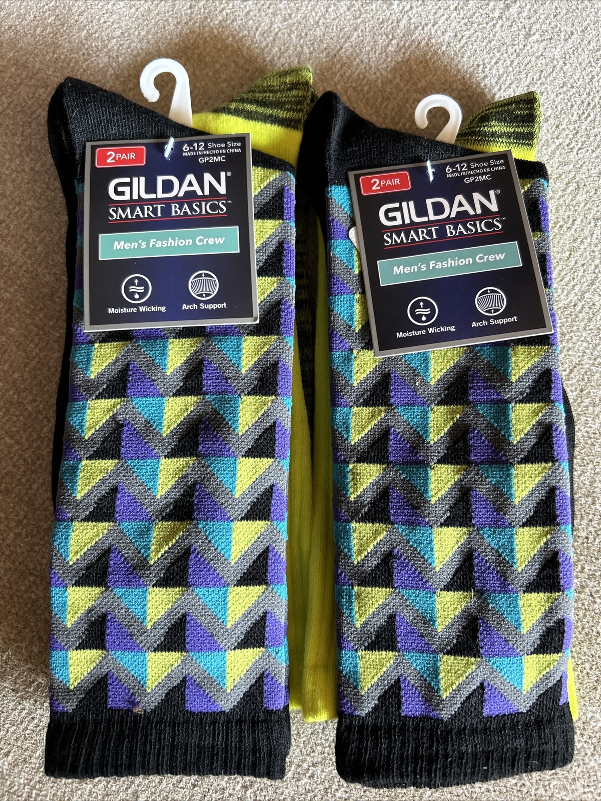 Gildan Mens Crew Socks 6-12 Color Block Smart Basics Moisture Wicking 2 x 2/pk