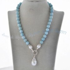 Natural Blue Aquamarine Gems Beaded White Kes...