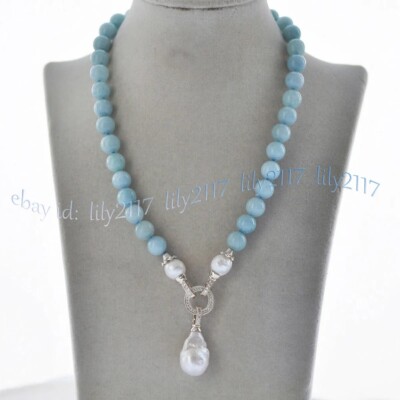 Natural Blue Aquamarine Gems Beaded White Keshi Baroque Pearl Pendant Necklace