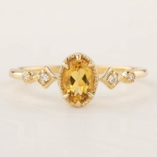 Gold Plated Silver Natural Citrine Diamonds Gemstone Women Ring gift For Her