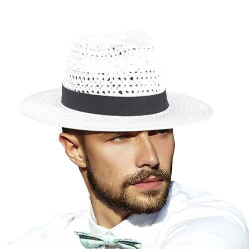 Straw Fedora Hat for Men Women Summer Sun Wide Brim Beach X-Large F049-white