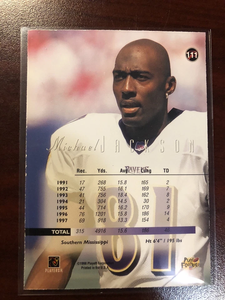 1998 ПЛЕЙ-ОФФ PRESTIGE ХОББИ ЗОЛОТО БЕЗ СЕРИЙНОГО ДОКАЗАТЕЛЬСТВА #111 MICHAEL JACKSON RAVENS EX - Изображение 3 из 3