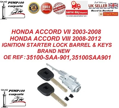 FOR HONDA ACCORD 2003-2012 IGNITION STARTER SWITCH BARREL CYLINDER LOCK & KEYS - Image 1 of 4