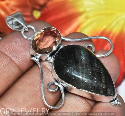 Labradorite Smoky Topaz Gemstone Pendant 925 Sterling Silver Overlay U272-B249