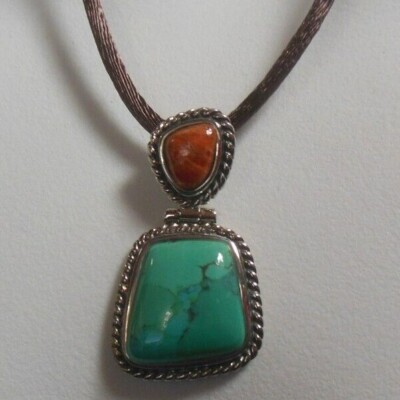 BARSE 925 Silver Turquoise, Coral Pendant Necklace Brown Silk Cord 17''