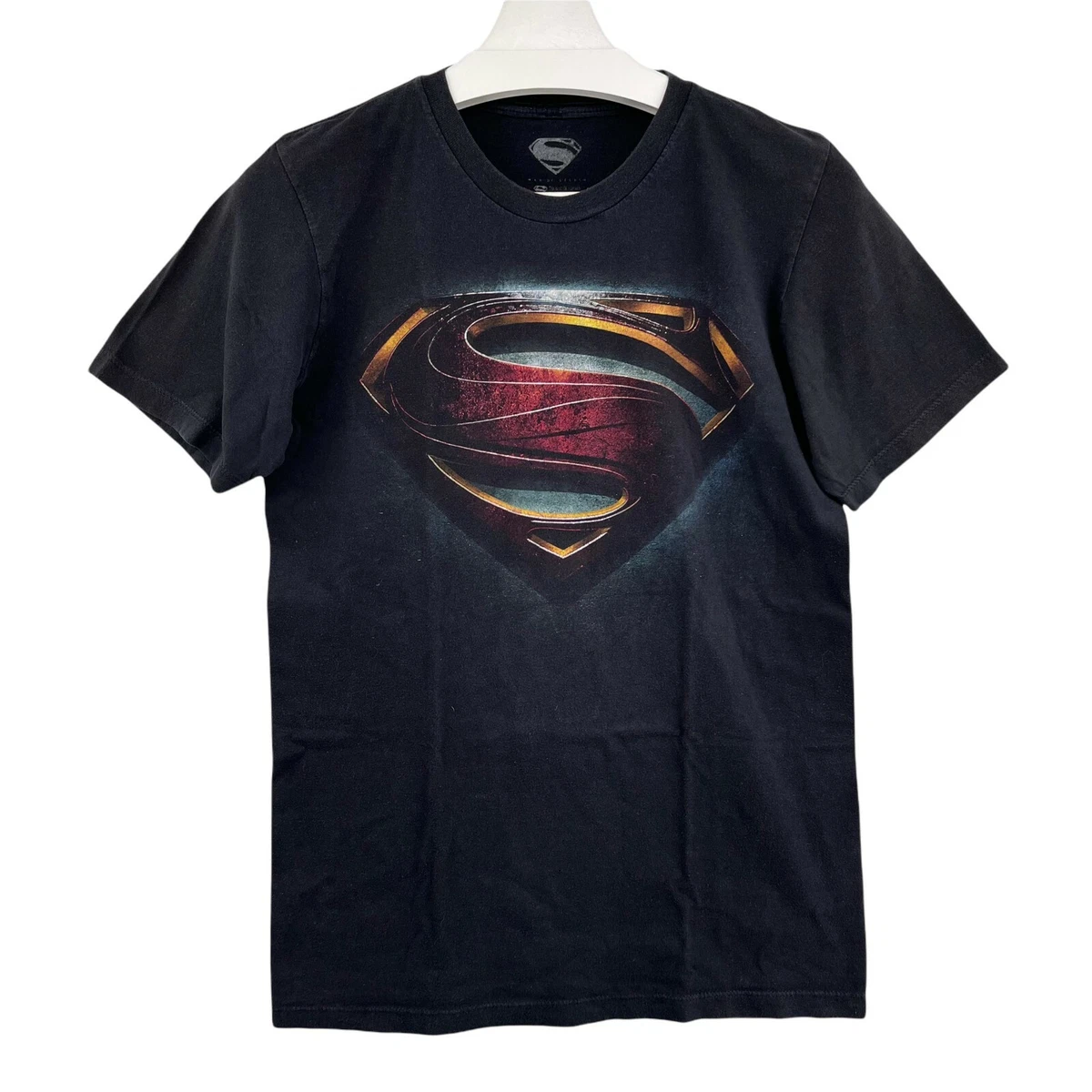 Superman MAN OF STEEL Black T Shirt Adult Small Cool Logo Front