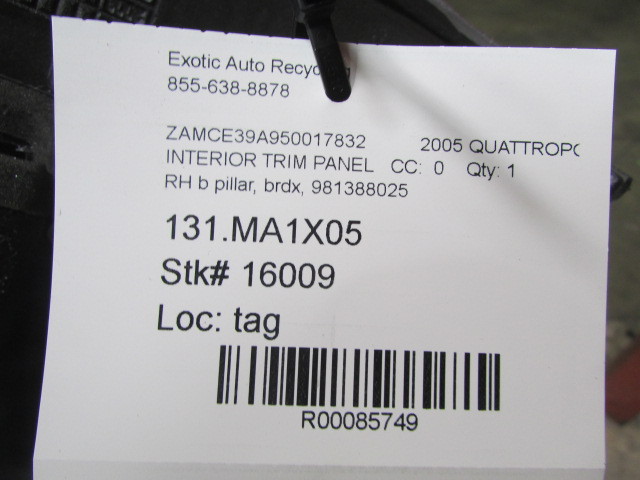 Maserati Quattroporte, Right B-Pillar Trim Panel, Bordeaux, Used, P/N 981388025