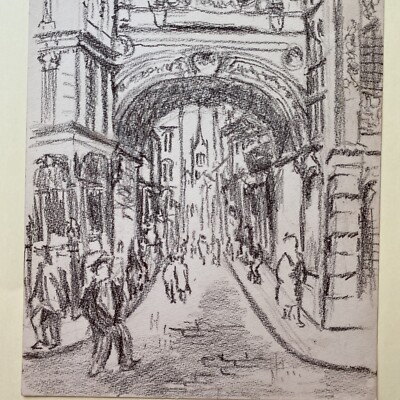 Vintage Charcoal Drawing European Street Scene Cityscape