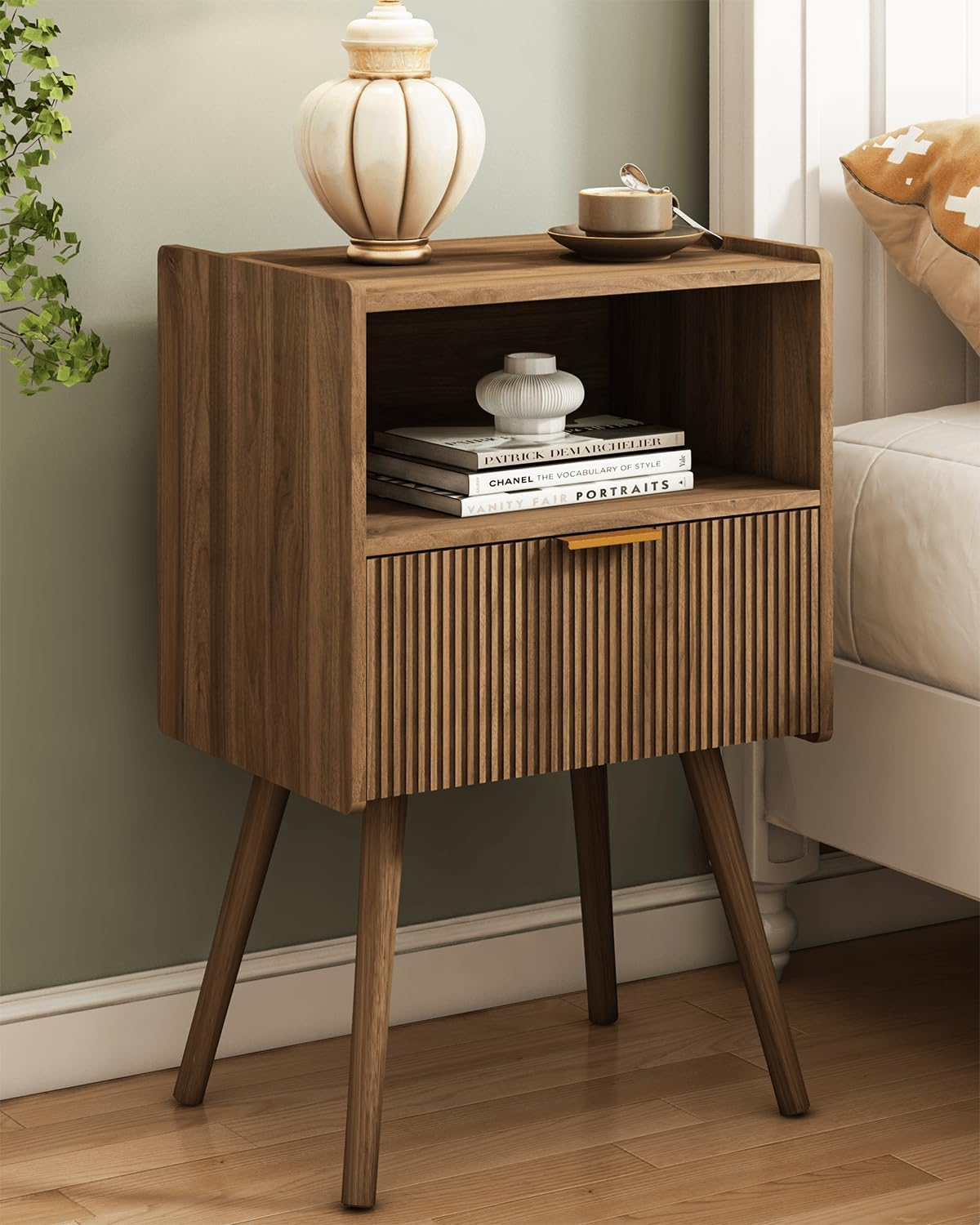 Nightstand,Modern Bedside Table with Storage Drawer and Open Wood Shelf, for Liv-image