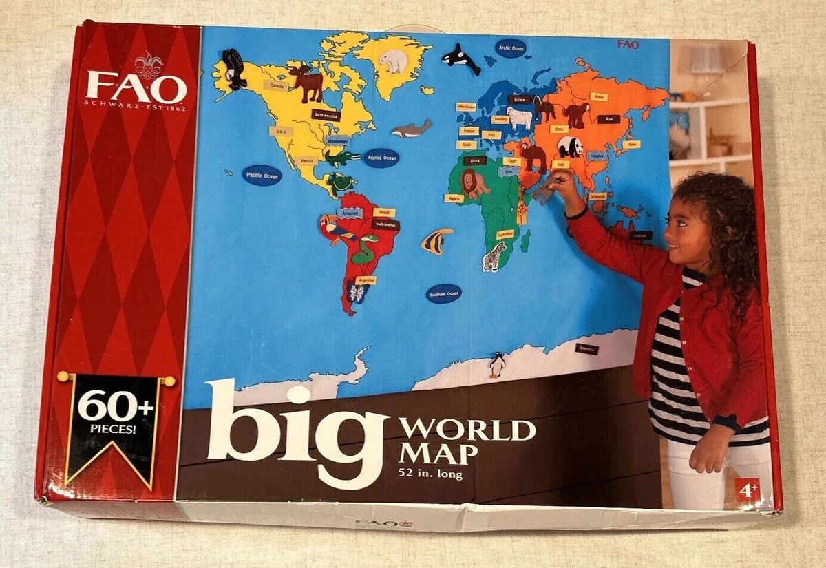 FAO Schwarz Big World Map 52”x35” Hanging Play Map w/ 60 Removable