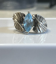 Vintage Signed PO Sterling 925 Ornate Leaf Scroll Blue Topaz Ring Size 7