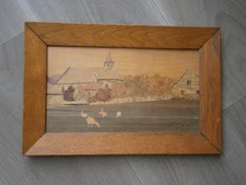 Inlay painting wood Spindler decor village Alsace church goose
