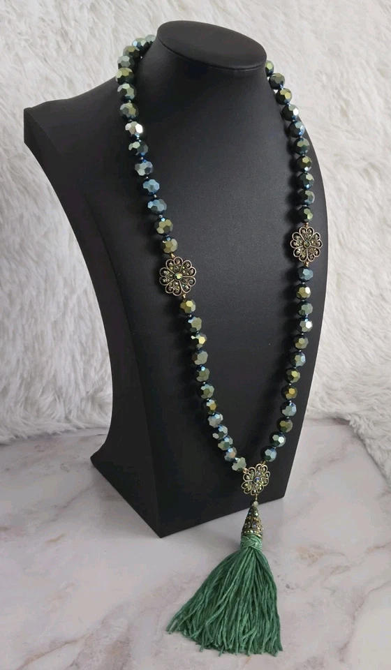 Heidi Daus Peacock Glass Beaded Tassel Necklace AB Crystal Floral Statement Gold - Image 4 of 4