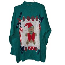 Vintage 80 s Ugly Christmas Sweater Green Teddy Bear Santa Retro Granny Core XL