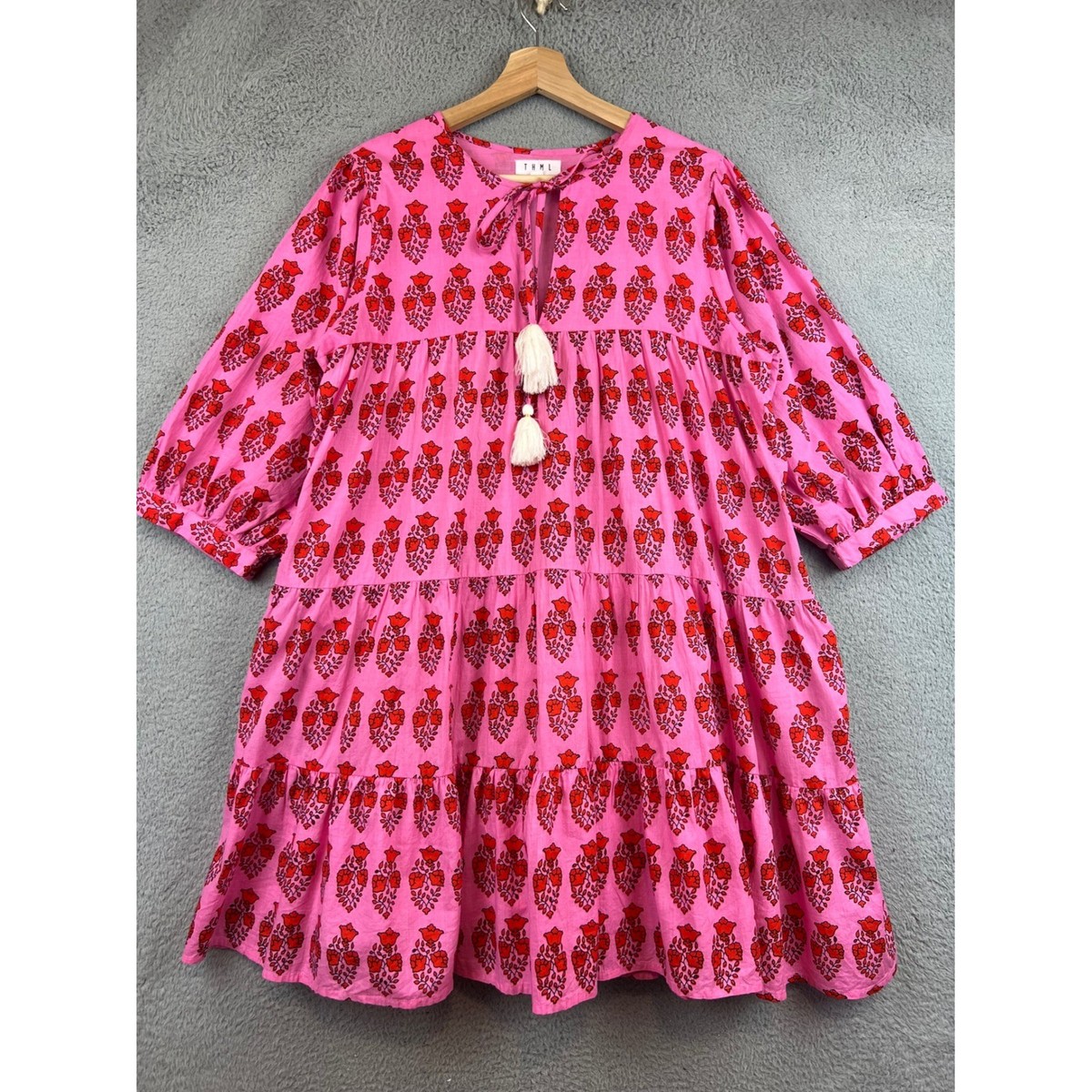 THML Pink Red Floral Block Print Tiered Mini Dress Tassel Tie Puff Sleeve L  | eBay