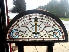 ~ ANTIQUE CIRCLE TOP STAINED GLASS TRANSOM WINDOW ~ 47.5 X 23.25 ~ SALVAGE