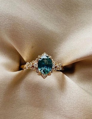 5.50 Ct Oval Cut Natural Teal Sapphire & Diamond Wedding Ring 14K Yellow Gold