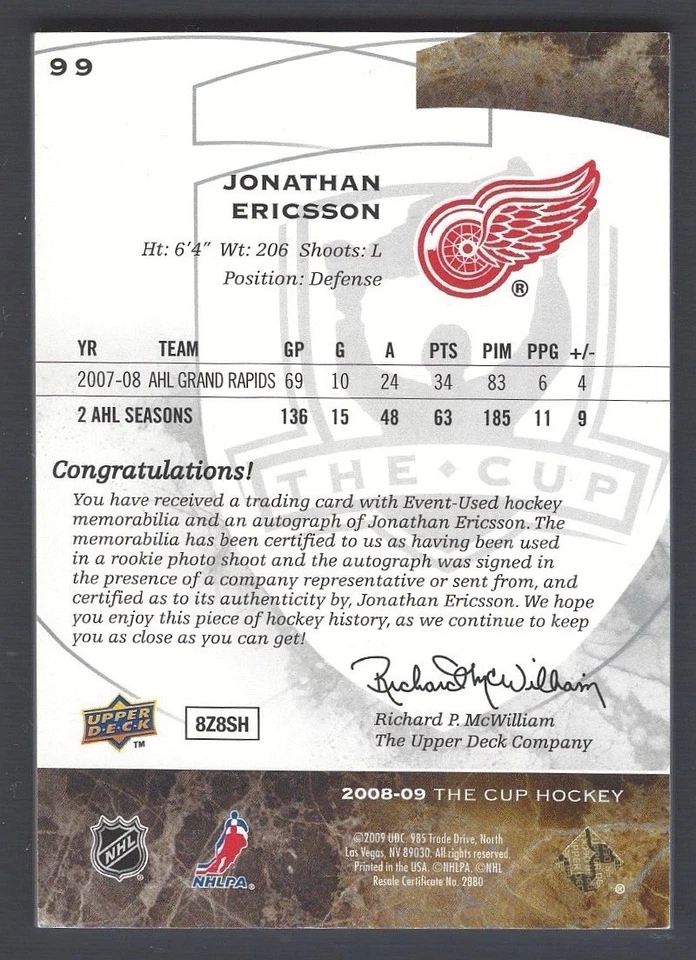 2008-09 Upper Deck The Cup JONATHAN ERICSSON Rookie Auto Patch #134/249 - Image 2 of 2