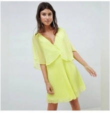 NWT ASOS Design Flutter Sleeve Midi Dress Pleated Neon Yellow 6 Fairy Hoco Sheer