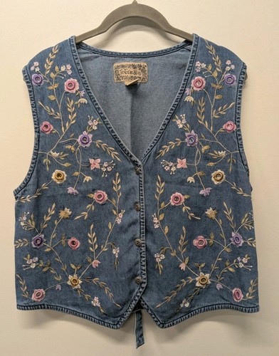 Vintage Tantrum Blues Vest Womens Large Blue Denim Embroidered Boho 90s