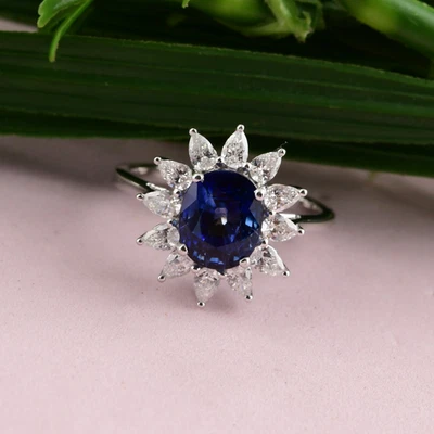 4.01 TCW Natürlich Si / H Diamant Blau Saphir Ring Schmuck 18k Weiß Massiv Gold - Bild 1 von 4