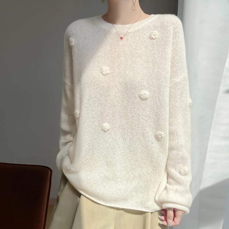 Suéter Pullover Top Bordado Cuello Redondo Mezcla Cachemira Seda Mulberry Foto 2 de 4