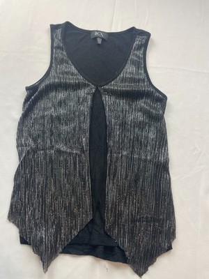 BCX Blouse Womens Small Black Metallic Striped Sleeveless Layered V-Neck