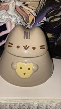 Pusheen Cat Ceramic Treat Jar with Lid Easy Clean 8" Gray Cartoon Cookie Jar NEW