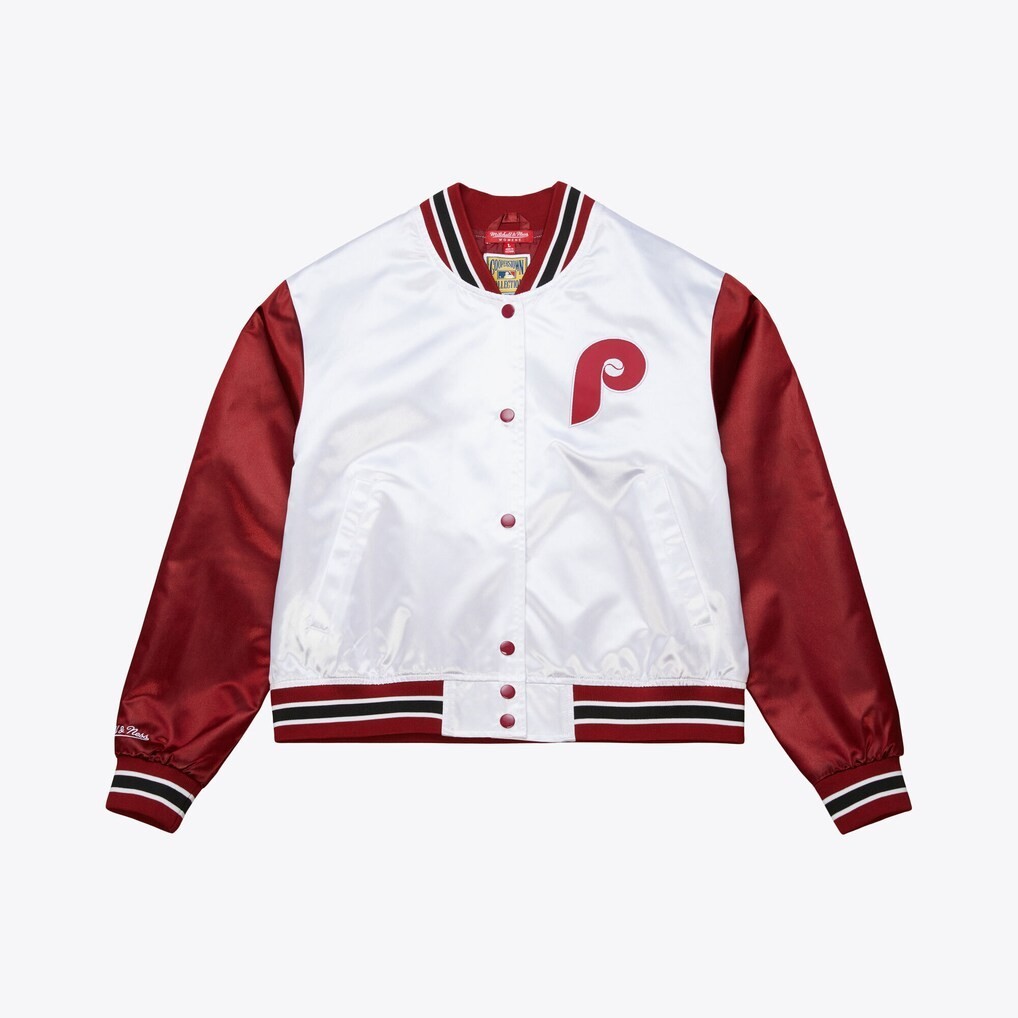ショルダーパッド 25 S ホワイト/レッド Mitchell & Ness Women's Philadelphia Phillies White Cropped Satin