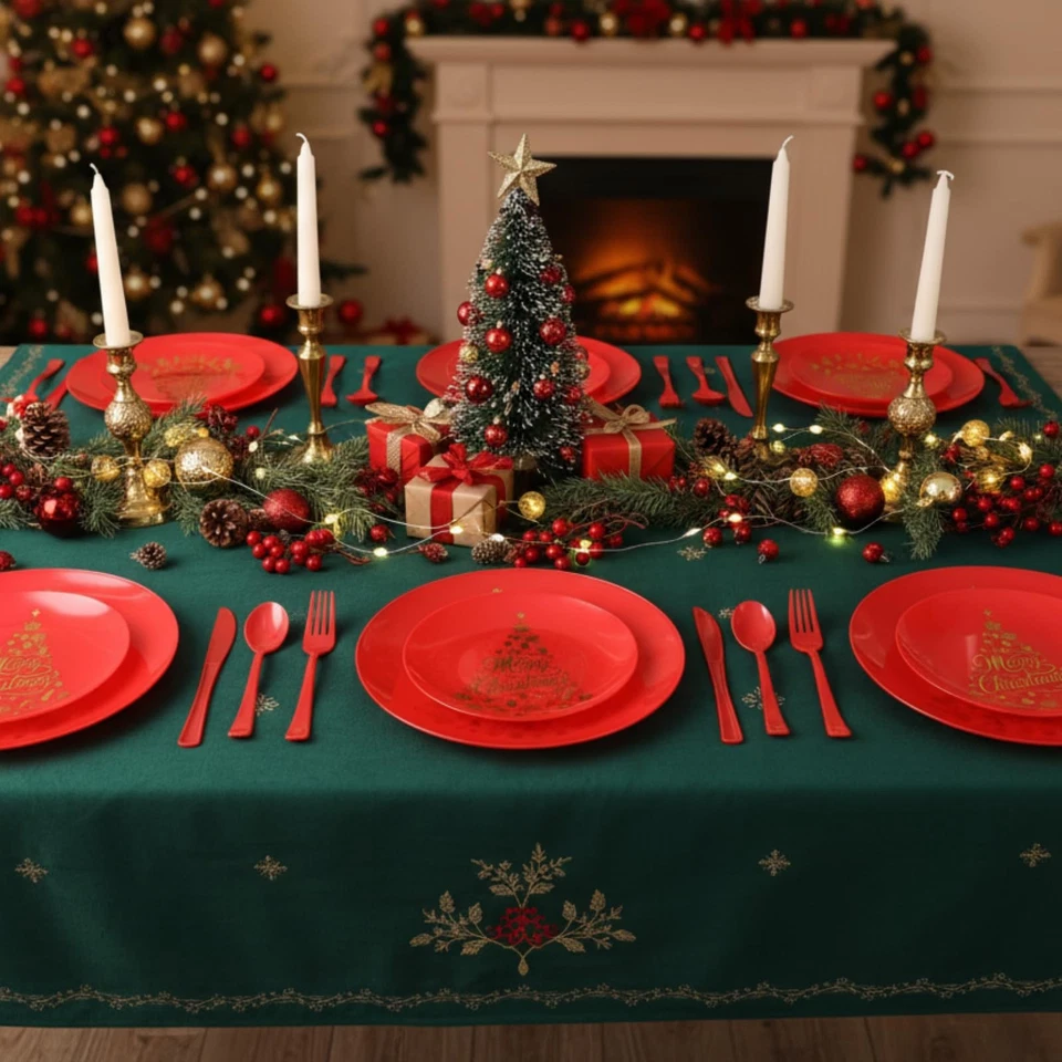 Рождественский пластиковый набор столовой посуды, рождественские одноразовые тарелки включают 40 обеденных P... - Изображение 3 из 4
