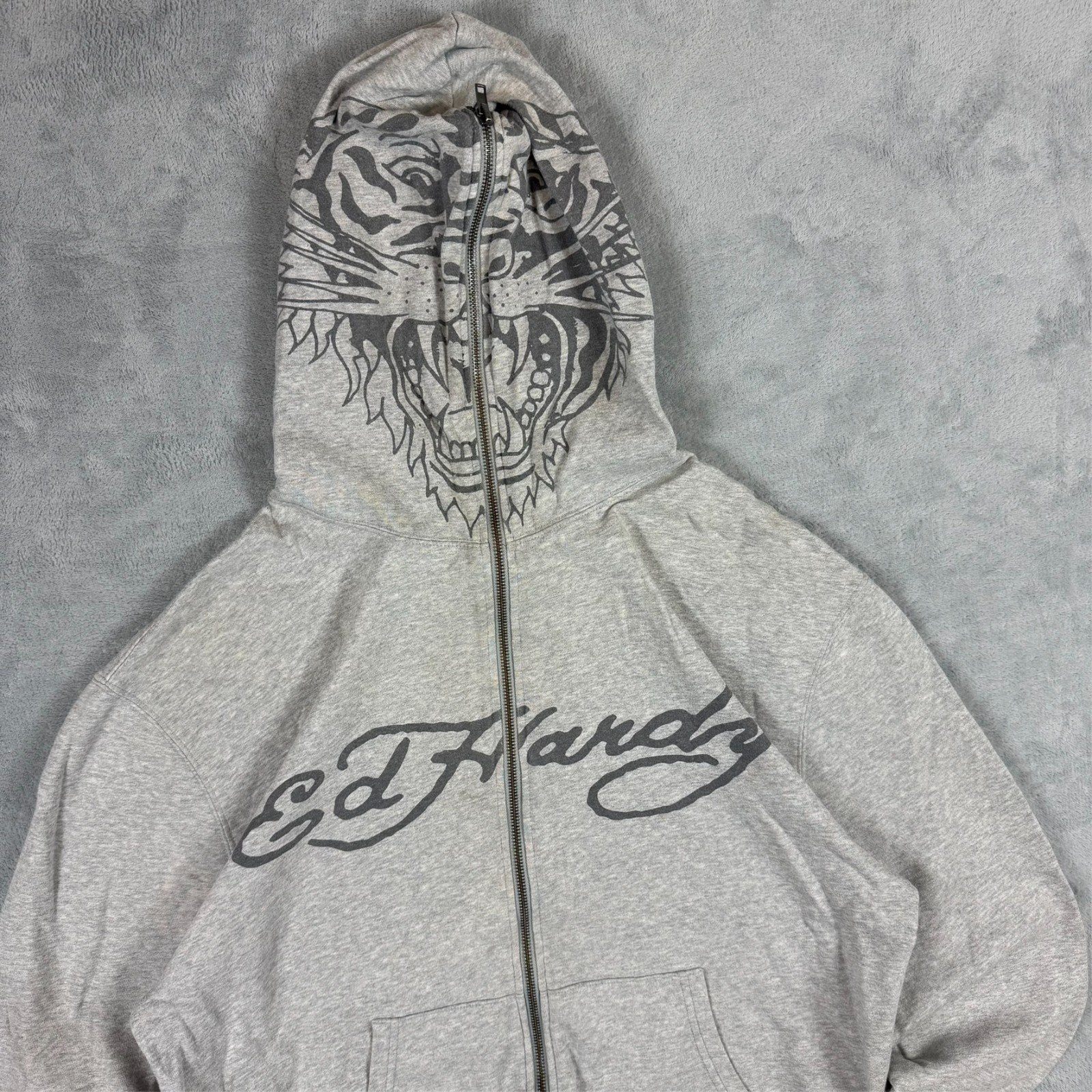 Vintage Ed Hardy Love Kills Slowly Grey Oversized Size Small Full Zip Hoodie image 3