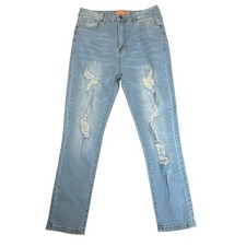 Bamboo Jeans Women  s 15 Light Wash Distressed Denim Pants with Rhinestones