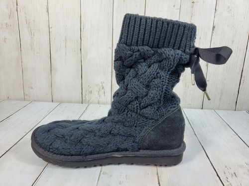 UGG Australia Isla Knit Boots Cable Sweater Lace Up Womens Size 7 Black 1008840 - Picture 4 of 9