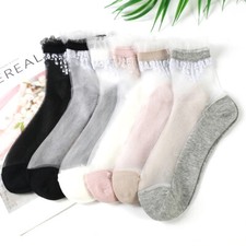 6 Paar Damen Transparent Spitze Socken Stickerei Rüschen Schier Dünn Söckchen