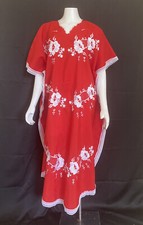 1970's EMBROIDERED Red VINTAGE boho mexican CAFTAN dress Lounge Wear Beach Wear