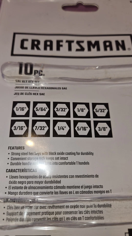 Craftsman Hex Key Set SAE 10 Piece CMHT26002 OEM Sealed With "T" Handle Adapter  - Image 4 of 4